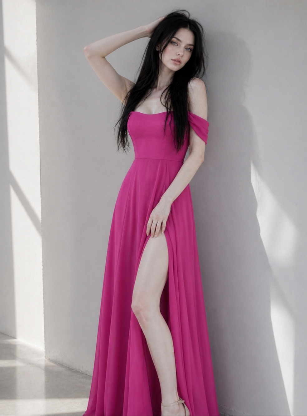 After Six Tea Rose Lux Chiffon Off Shoulder Gown 14R | Romantic Bridesmaid Maxi
